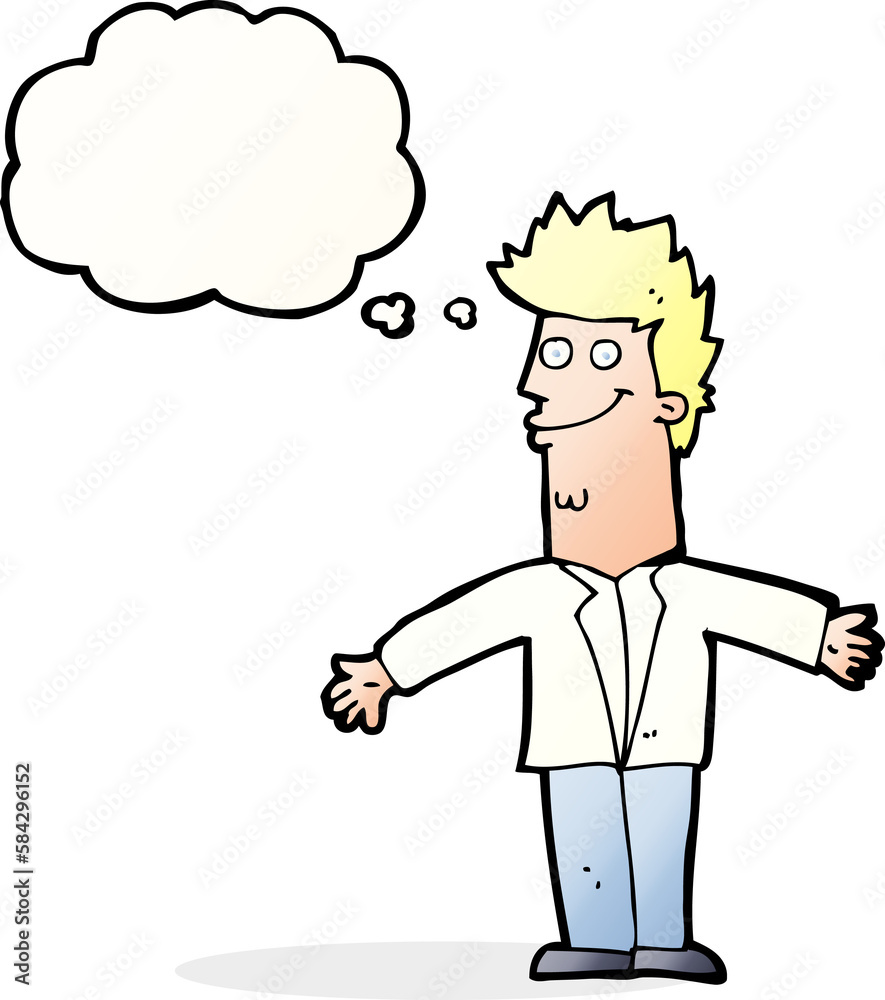 cartoon happy man with open arms with thought bubble cartoon happy man with open arms with thought bubble