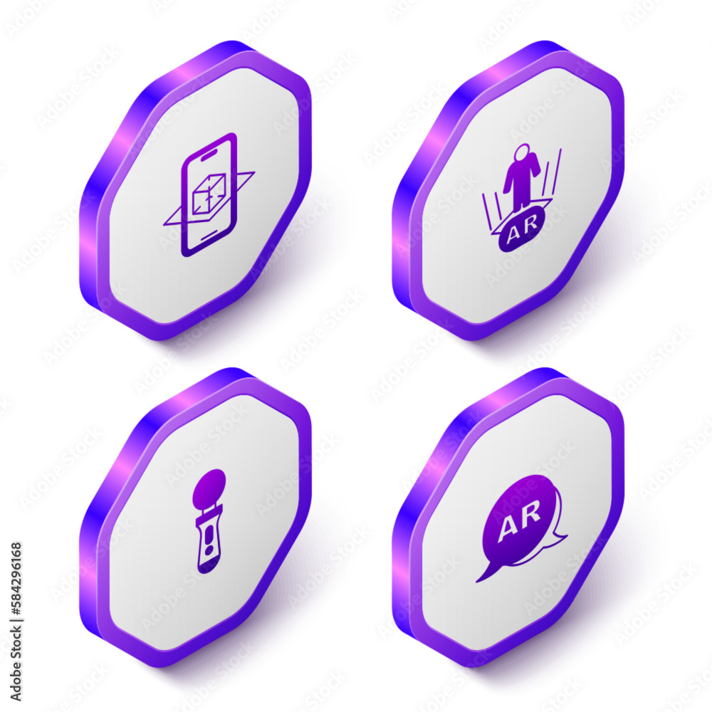 Set Isometric 3d modeling, Augmented reality AR, VR controller game and icon. Purple hexagon button. Vector Set Isometric 3d modeling, Augmented reality AR, VR controller game and icon. Purple hexagon button. Vector