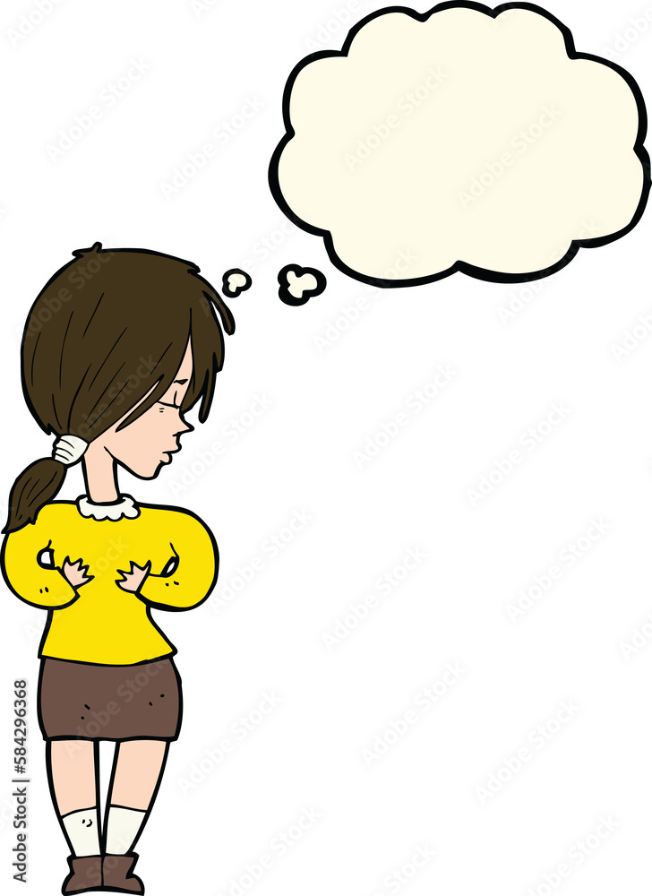 cartoon shy woman with thought bubble cartoon shy woman with thought bubble