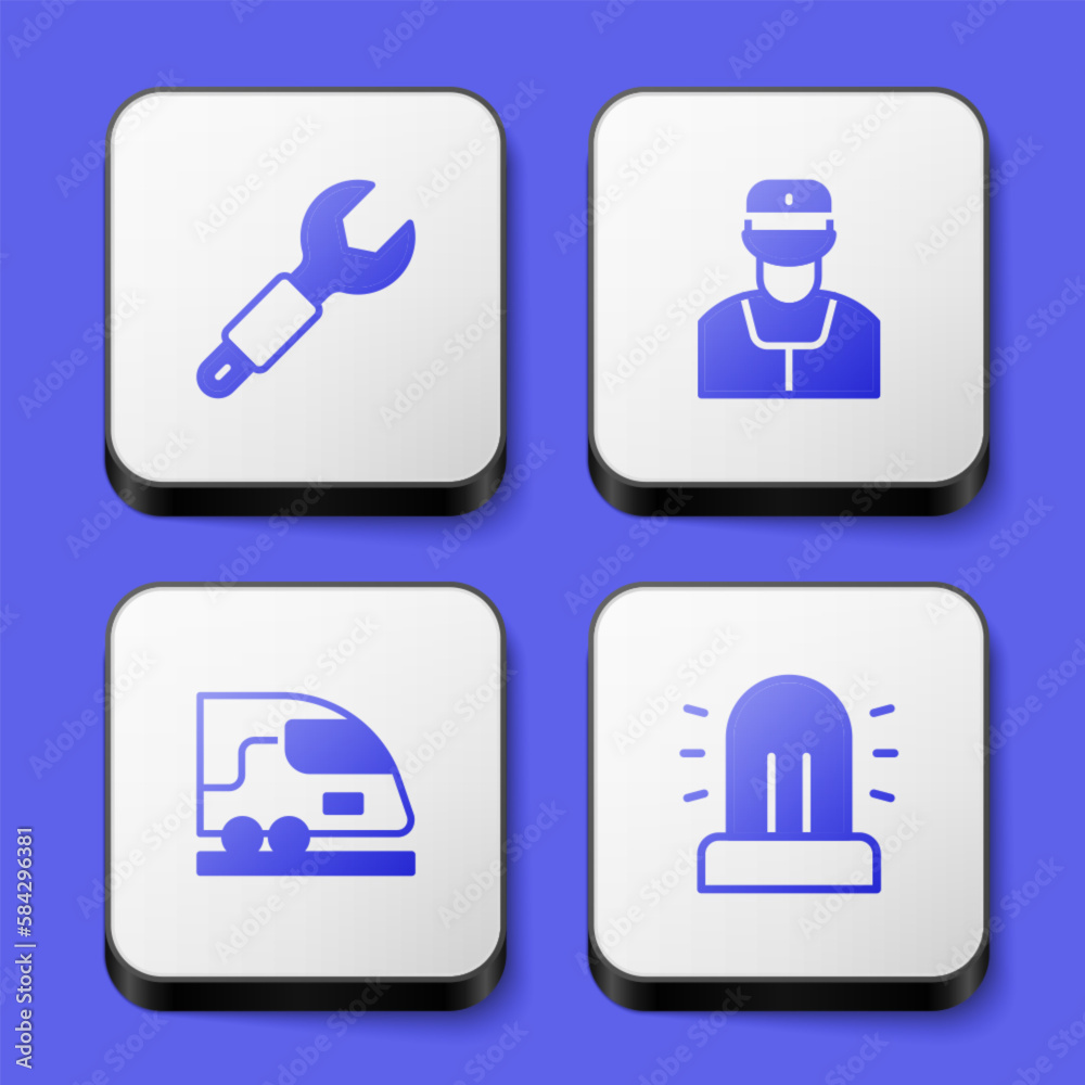 Set Wrench spanner, Train conductor, High-speed train and Flasher siren icon. White square button. Vector Set Wrench spanner, Train conductor, High-speed train and Flasher siren icon. White square button. Vector