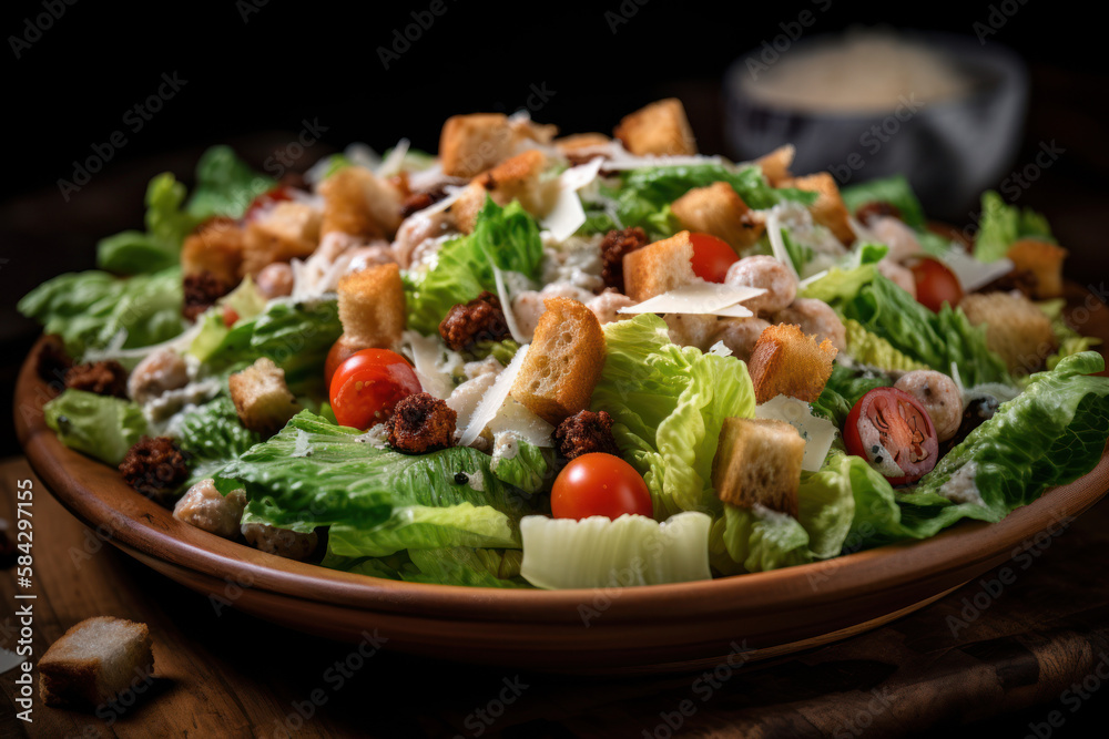 Salade César, Salade composée de produits frais de saison présentée dans un plat sur une table dans la cuisine Salade César, Salade composée de produits frais de saison présentée dans un plat sur une table dans la cuisine