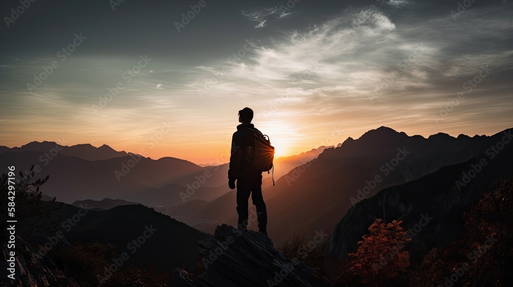 Silhouetted Hiker Exploring a Majestic Mountain Range at Sunset: A Volumetric Lighting Adventure in Nature's Scenery. Generative AI