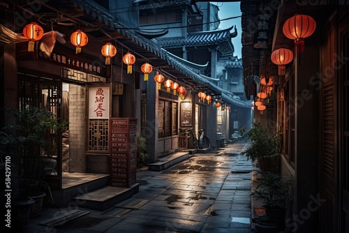 Exploring the Glowing Shops of Traditional Chinese Towns Illuminated by Lanterns and Moonlight, Generative AI