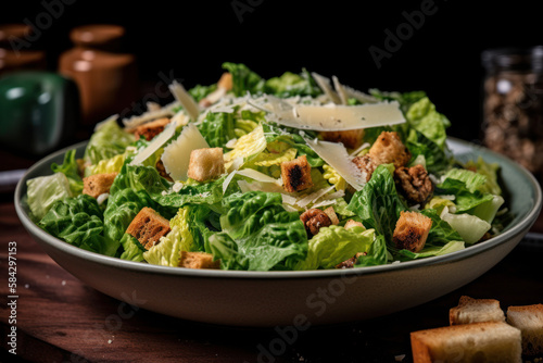 Salade César, Salade composée de produits frais de saison présentée dans un plat sur une table dans la cuisine photo