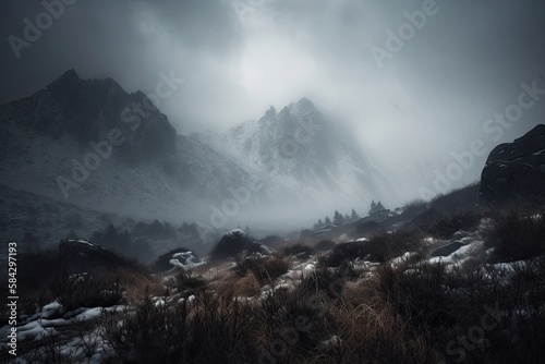 Moody Winter Meteorology: Skittish Atmosphere and Blizzard-Like Storms Amidst Snowy Mountain Peaks: Generative AI