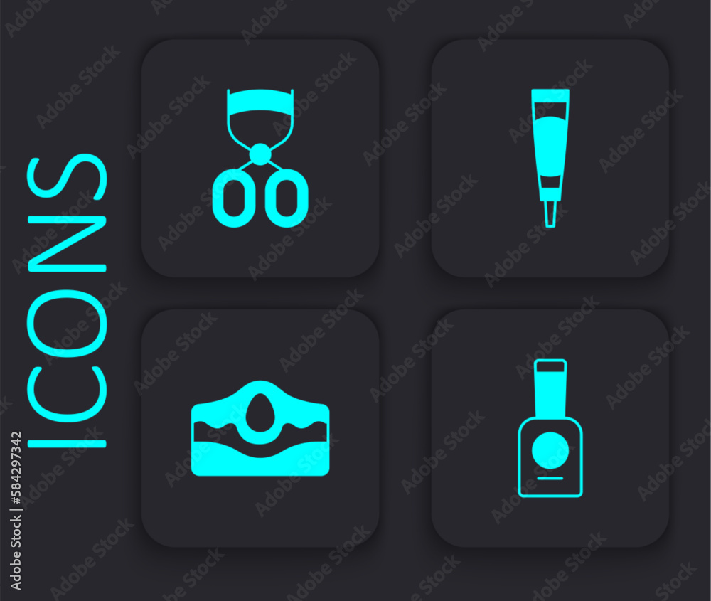 Set Bottle of nail polish, Eyelash curler, Cream or lotion cosmetic tube and Acne icon. Black square button. Vector Set Bottle of nail polish, Eyelash curler, Cream or lotion cosmetic tube and Acne icon. Black square button. Vector