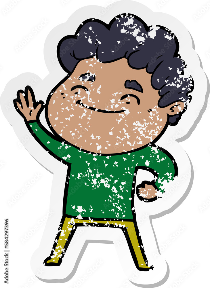 distressed sticker of a cartoon friendly man distressed sticker of a cartoon friendly man