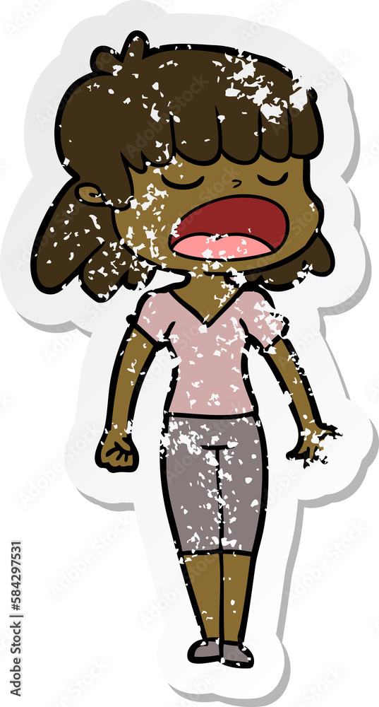 distressed sticker of a cartoon woman talking loudly distressed sticker of a cartoon woman talking loudly