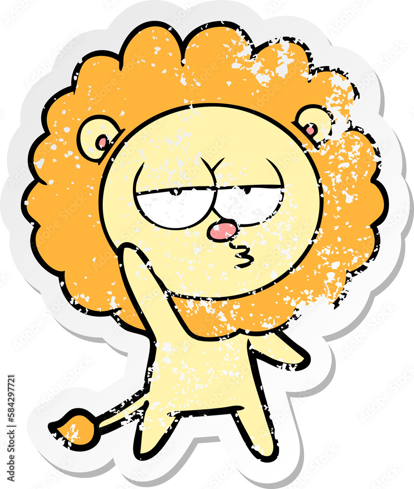 distressed sticker of a cartoon bored lion waving distressed sticker of a cartoon bored lion waving