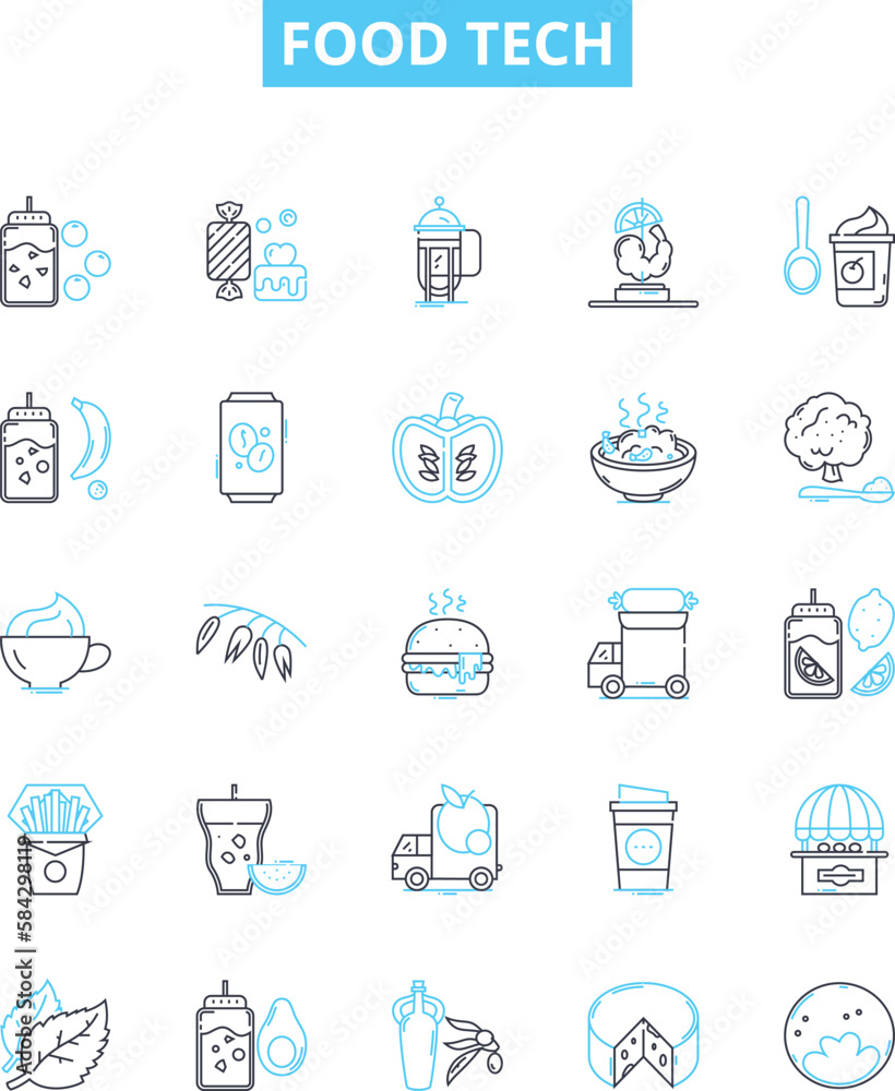 Food tech vector line icons set. Foodtech, Cuisine, Nutrition, Edible, Cooking, Bakery, Farming illustration outline concept symbols and signs