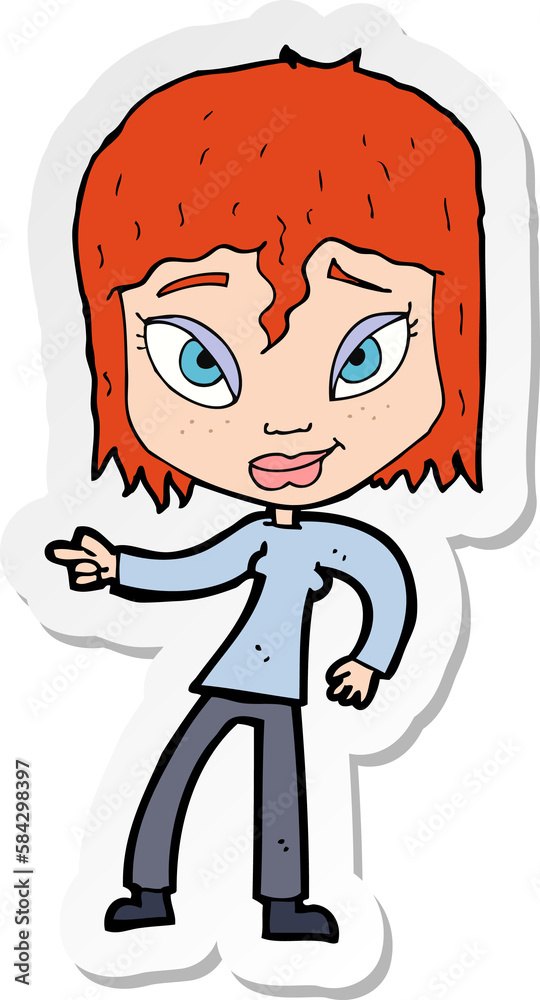 sticker of a cartoon relaxed woman pointing
