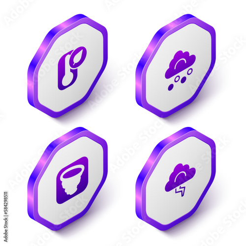 Set Isometric Thermometer, Hail cloud, Tornado and Cloud and lightning icon. Purple hexagon button. Vector