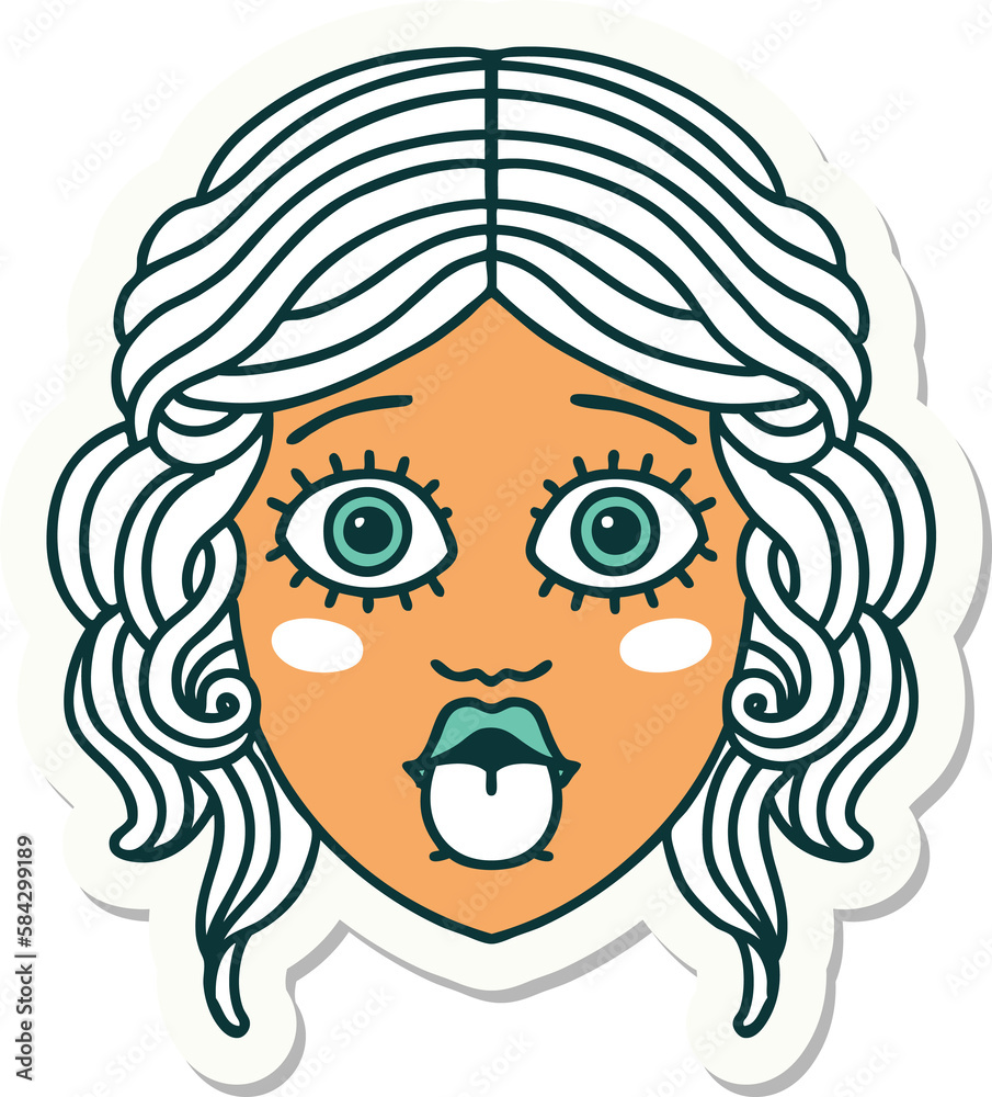tattoo style sticker of female face sticking out tongue