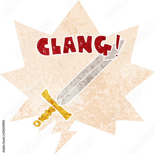 cartoon clanging sword and speech bubble in retro textured style