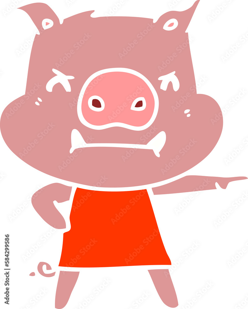 Fototapeta premium angry flat color style cartoon pig in dress pointing
