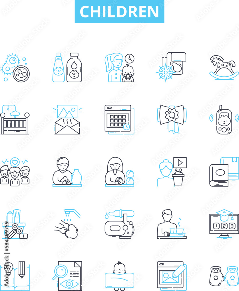 Children vector line icons set. Kids, Infants, Toddlers, Juveniles, Minors, Youths, Preteens illustration outline concept symbols and signs