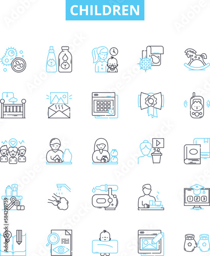 Children vector line icons set. Kids, Infants, Toddlers, Juveniles, Minors, Youths, Preteens illustration outline concept symbols and signs © Nina