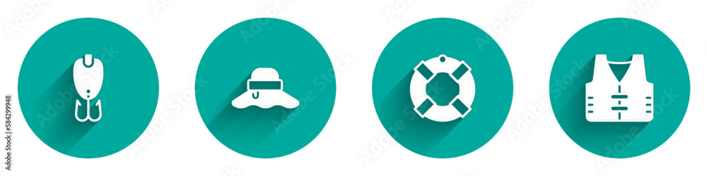 Set Fishing lure, Fisherman hat, Lifebuoy and jacket icon with long shadow. Vector Set Fishing lure, Fisherman hat, Lifebuoy and jacket icon with long shadow. Vector
