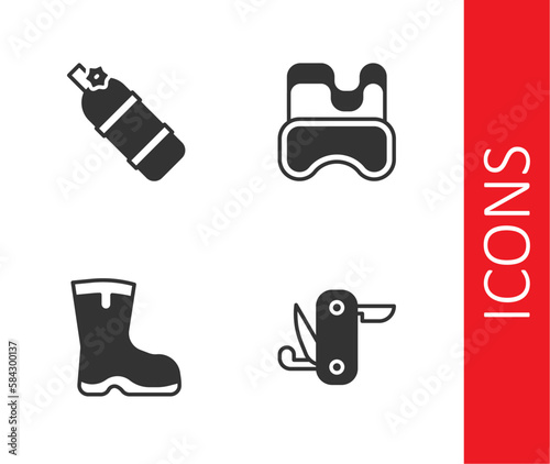 Set Swiss army knife, Aqualung, Fishing boots and Diving mask icon. Vector