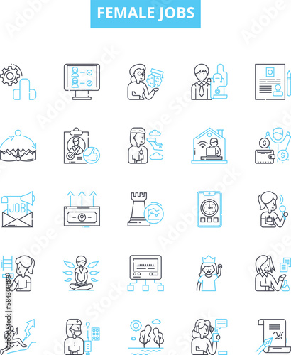 Female jobs vector line icons set. Nurse, Teacher, Engineer, Receptionist, Doctor, Lawyer, Administrator illustration outline concept symbols and signs