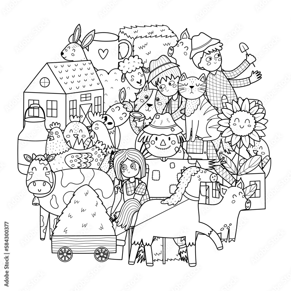 Cute farm characters circle shape coloring page. Doodle mandala with
