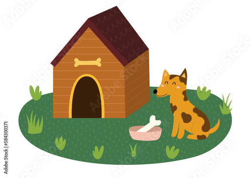Cute little dog sitting near the kennel with a bowl and a bone inside. Doghouse isolated element. Vector illustration