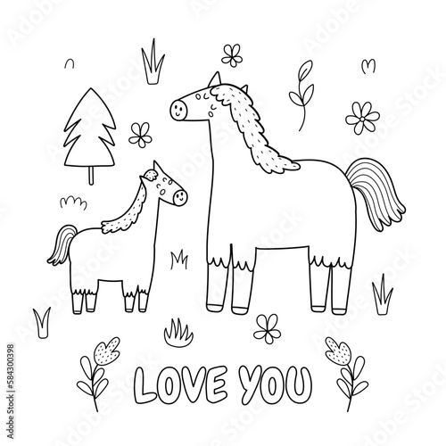 Love You black and white print with a cute mother horse and her baby foal. Funny animals family coloring page for Mother’s Day. Vector illustration