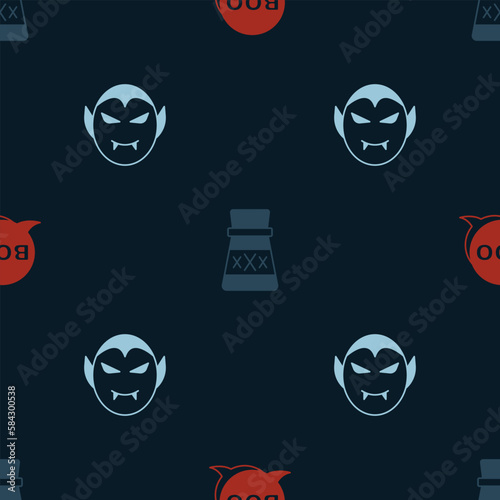 Set Boo speech bubble, Bottle with potion and Vampire on seamless pattern. Vector