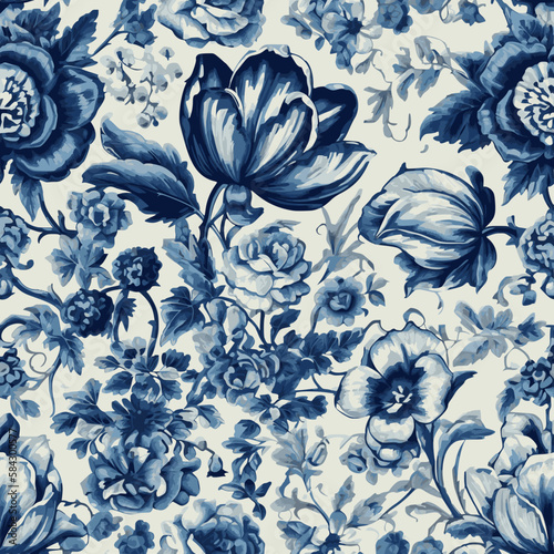 Dutch blue floral design. Tiling pattern. 
