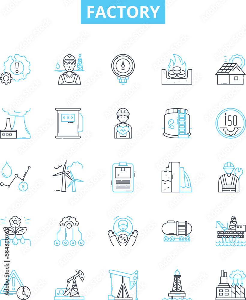 Factory vector line icons set. Factory, Manufacturing, Plant, Production, Mill, Workshop, Assembly illustration outline concept symbols and signs Factory vector line icons set. Factory, Manufacturing, Plant, Production, Mill, Workshop, Assembly illustration outline concept symbols and signs
