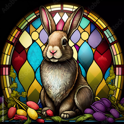 Stained glass window with Easter bunny. Easter rabbit stain glass window. AI generated