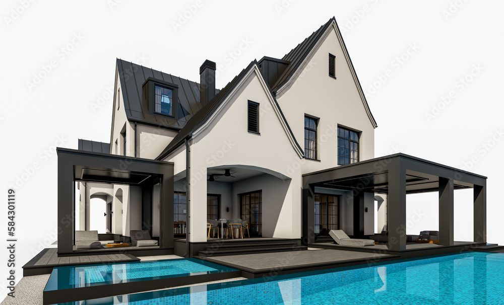 3d rendering of cute cozy white and black modern Tudor style house with parking  and pool for sale or rent with beautiful landscaping. Fairy roofs. Isolated on white