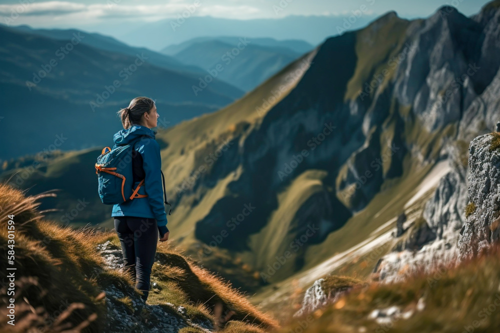 woman hiker on top of mountain looking landscape, generative ai