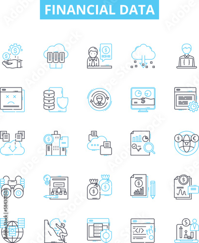 Financial data vector line icons set. Finance, Data, Analysis, Investment, Bank, Accounting, Markets illustration outline concept symbols and signs
