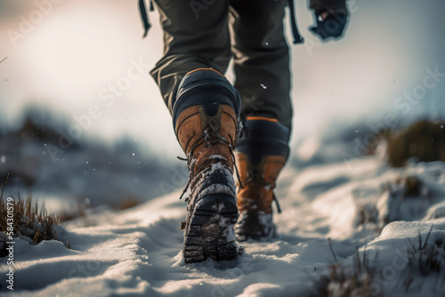 Cloe up of mountain boots of a hiker in snow mountain, generative ai