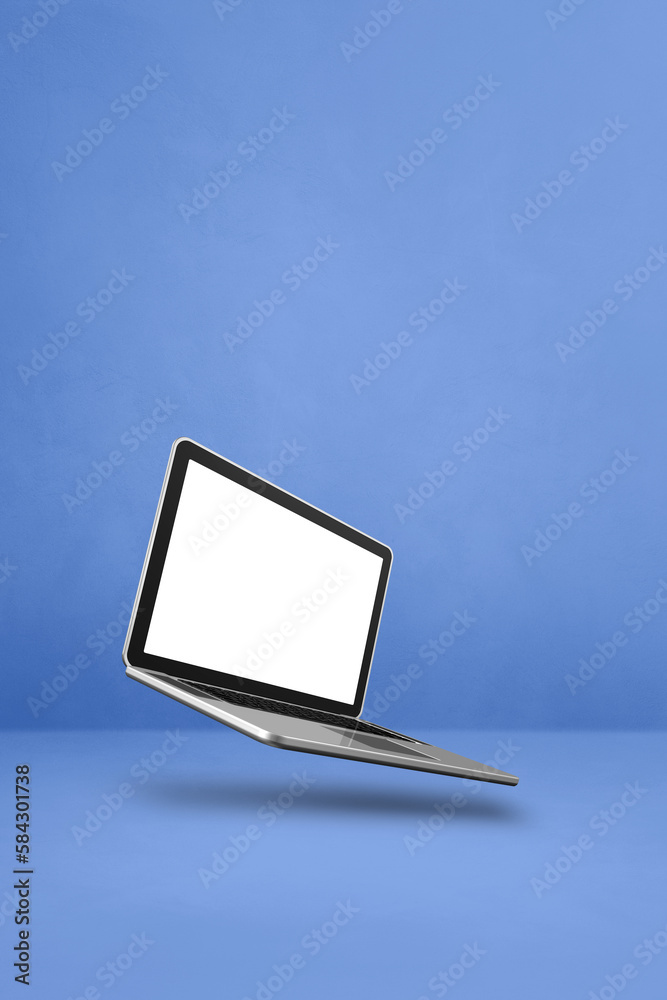 Floating computer laptop isolated on blue. Vertical background Floating computer laptop isolated on blue. Vertical background