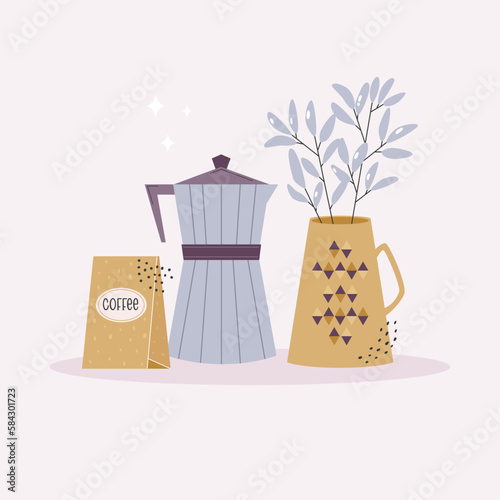 Vector illustration of a coffee kettle, coffee bag package and decorative plant
