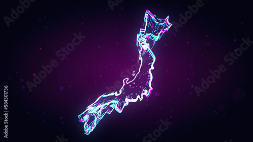 Purple Blue Shiny Japan Map 3d Lines Effect With Square Dots Particles On Dark Purple Glitter Dust Background