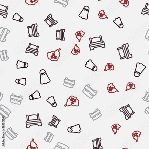 Set line Ghost, Big bed, and Sleepy on seamless pattern. Vector