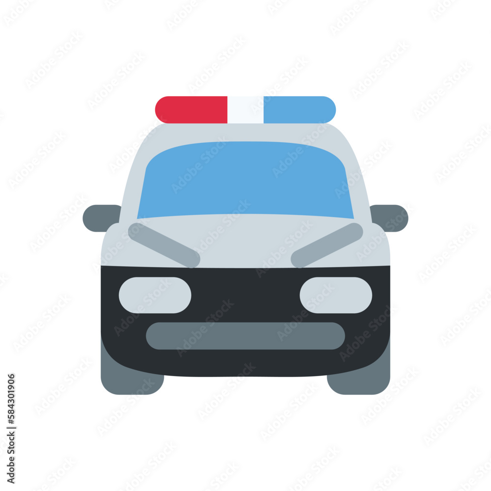 Police Car vector flat icon design. İsolated police car, with emergency light on the top sign design.