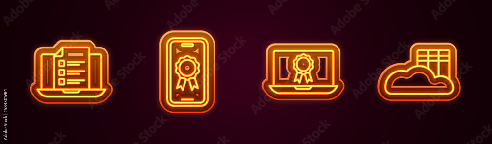 Set line Online quiz, test, survey, education with diploma, and Cloud or online library. Glowing neon icon. Vector Set line Online quiz, test, survey, education with diploma, and Cloud or online library. Glowing neon icon. Vector