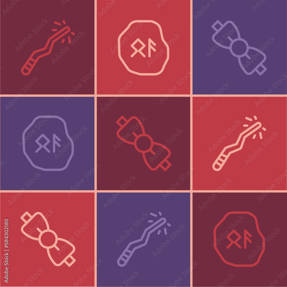 Set line Magic wand, Bow tie and runes icon. Vector Set line Magic wand, Bow tie and runes icon. Vector