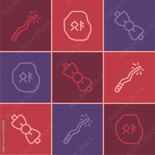 Set line Magic wand, Bow tie and runes icon. Vector