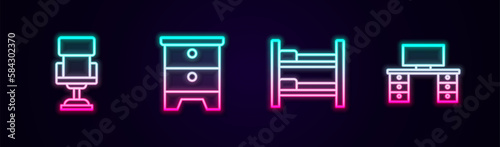 Set line Office chair, Furniture nightstand, Bunk bed and desk. Glowing neon icon. Vector