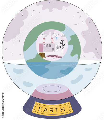 Global warming concept, world ocean level rise due to melting glaciers, planet drowning in excess water. Floating globe in glass sphere. Environmental problem. Change climate, ecological catastrophy