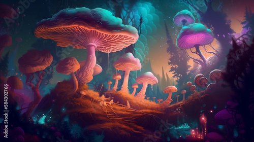 AI Generated Art of Magic illustrations of Mushrooms and magic planets