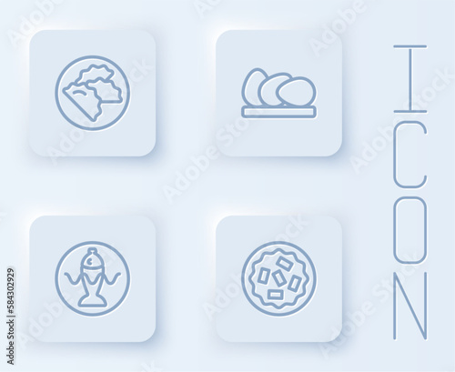 Set line Dumpling, Chicken egg, Served fish on a plate and Homemade pie. White square button. Vector