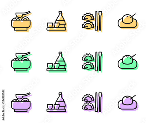 Set line Dumpling with chopsticks, Ramen soup bowl, Bottle of sake and Mochi icon. Vector