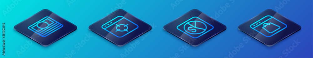 Set Isometric line Market analysis, Stacks paper money cash, Online shopping screen and Target financial goal icon. Vector Set Isometric line Market analysis, Stacks paper money cash, Online shopping screen and Target financial goal icon. Vector