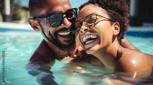 Happy couple has fun in the pool and enjoys the summer. Smiling and laughin at sunshine. Generative Ai